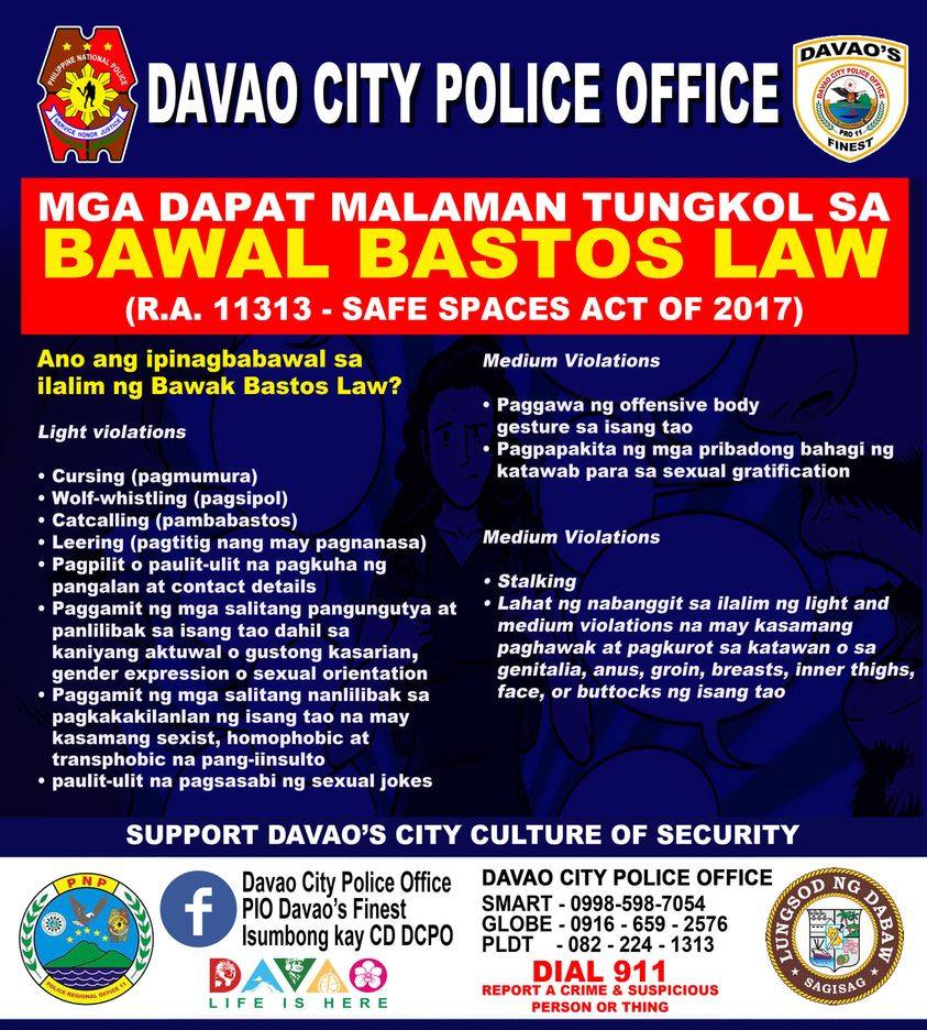 In Davao gibt es sogar offizielle polizeiliche Regeln, verbunden mit Strafen, gegen Diskriminierung oder gar Beleidigung oder sogar Anwenden von Gewalt gegen Schwule und Lesben. Schon das Äußern von homophoben Äuserungen kann gehandet werden.